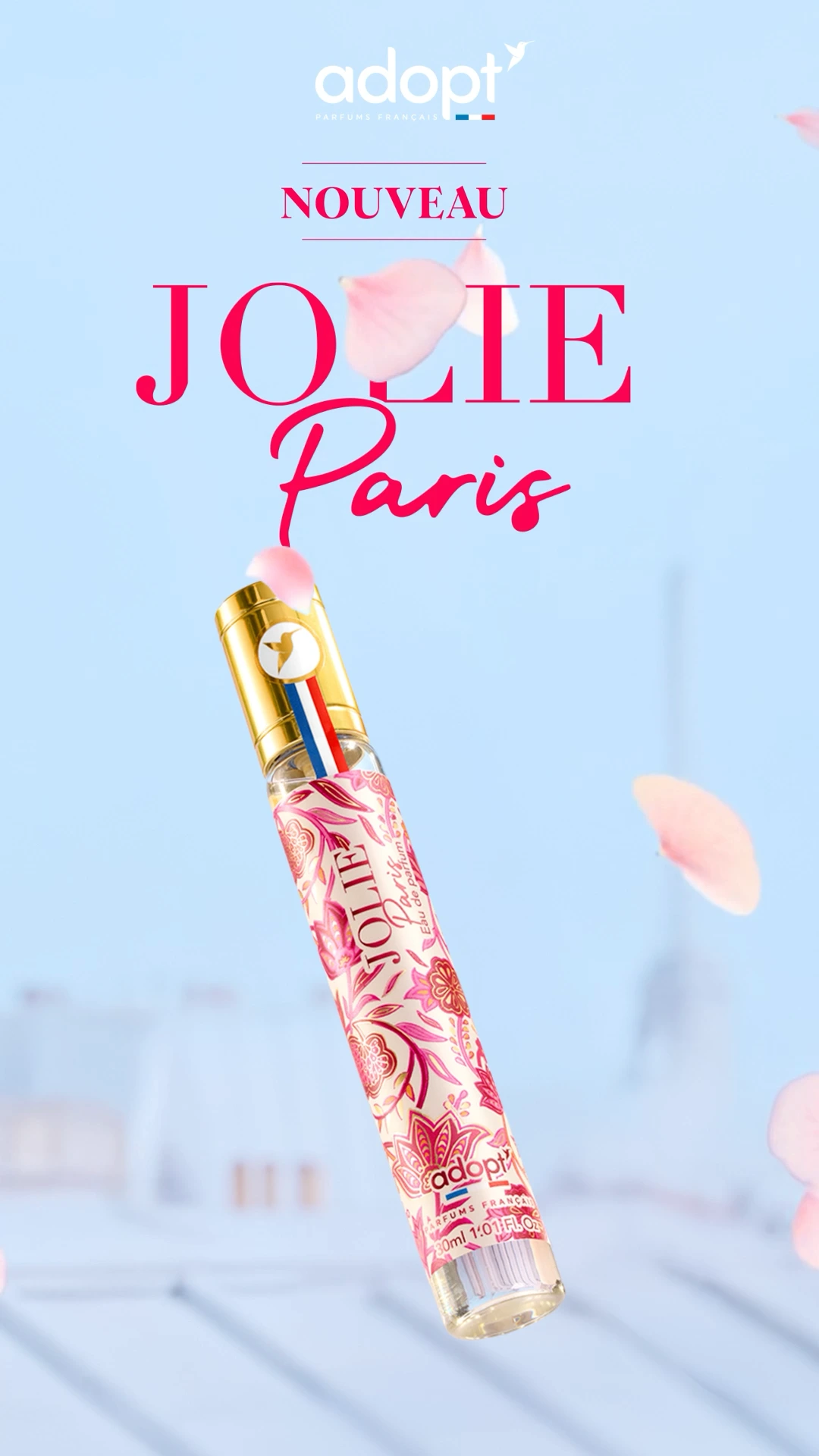 Jolie Paris : le parfum adopt aux pétales roses, sur fond de ciel bleu parisien